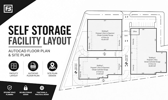 design self storage facility layout, autocad floor plan and site plan