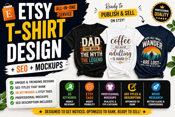 create etsy tshirt designs, seo titles, mockups