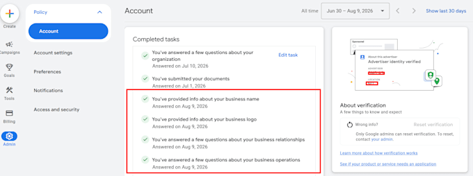 complete google ads advertiser verification and business operations verification