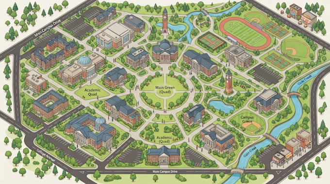 design custom campus maps, university maps, wayfinding maps and school maps