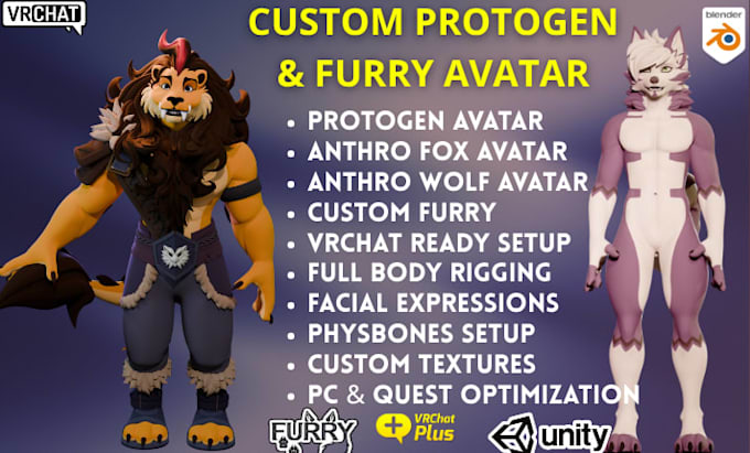 make protogen, anthro fox and wolf avatar for vrchat
