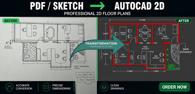 convert your PDF or sketch to autocad 2d floor plan
