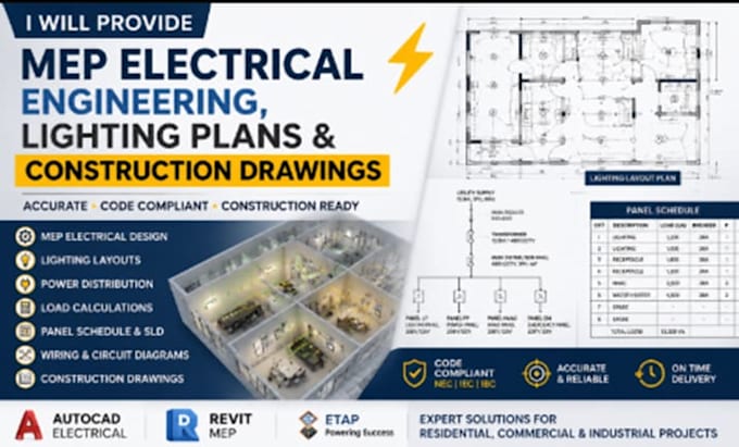 provide mep electrical engineering, lighting plans and construction drawing