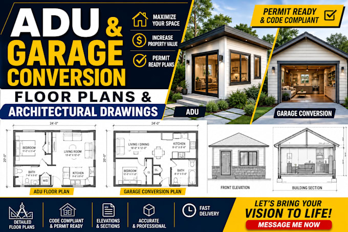 design adu and garage conversion floor plans and architectural drawings
