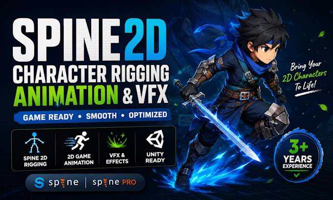 create spine 2d character rigging, animation, vfx and game animation
