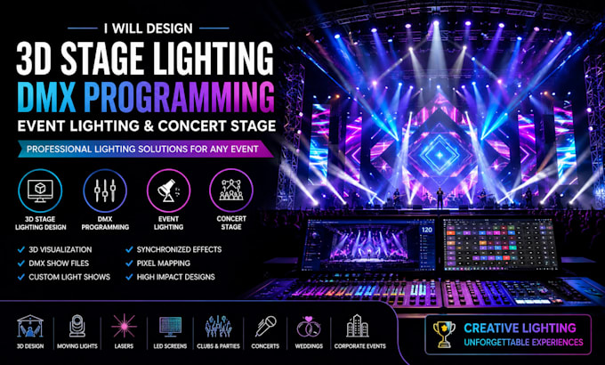 3d stage lighting, program dmx shows, and create professional event and concert