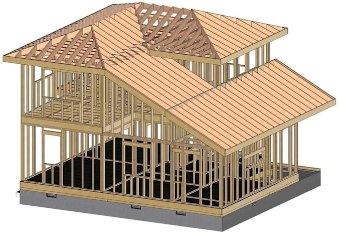 do timber house framing, model wood structure in sketchup 3d