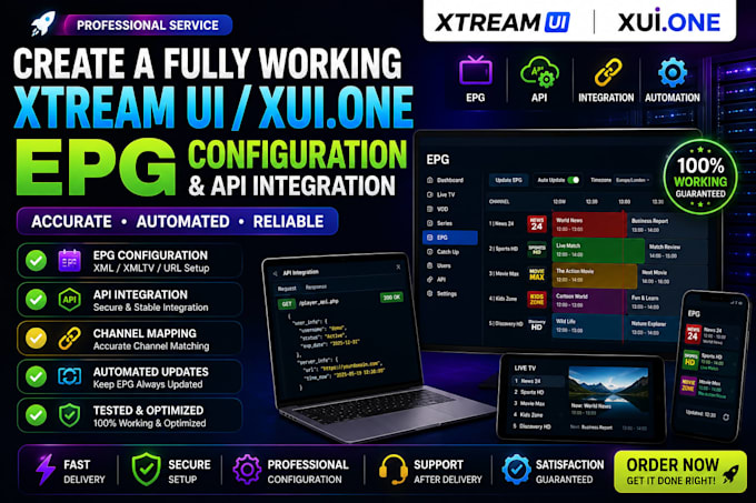 create a fully working xtream ui, xui one, epg configuration, api integration