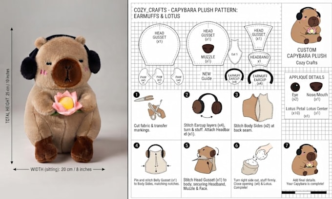create a custom plush sewing pattern for plush stuffed animal and tech pack