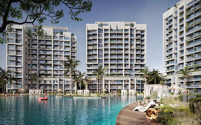 luxury 3d condo apartment, tropical landscape,resort poolside, waterfront render