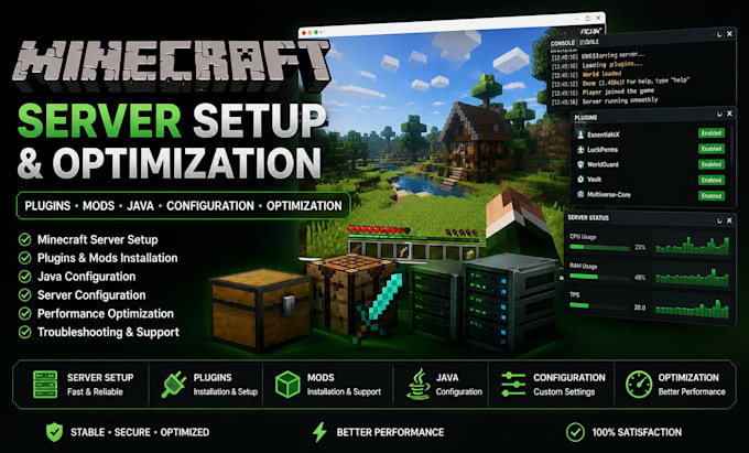 setup minecraft server, plugins, mods, java, configuration and optimization