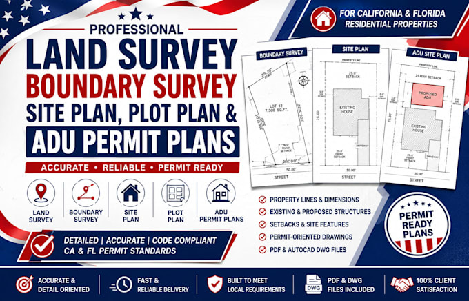 draw ca fl land survey boundary survey site plan plot plan and adu permit plans