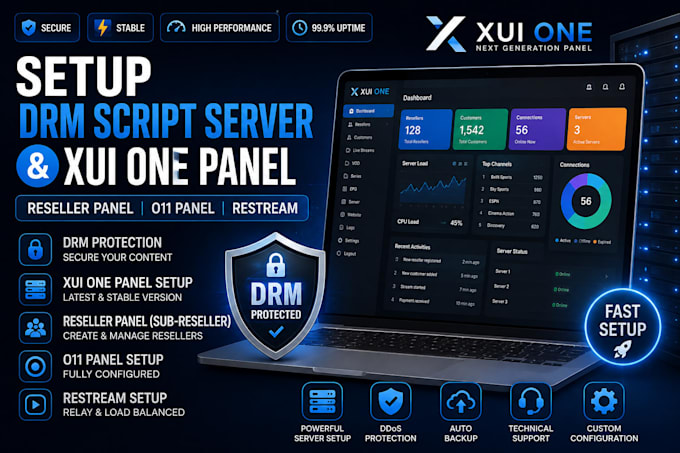 setup drm script server, xui one panel, reseller panel, o11 panel, restream