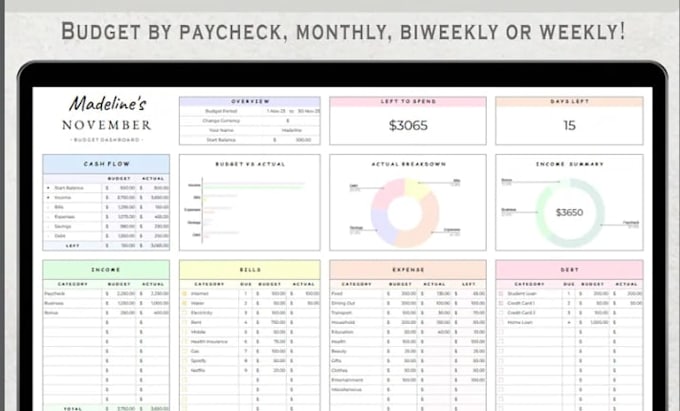 design editable google sheets, excel budget expense tracker and invoice template