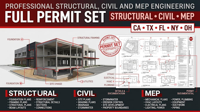 do structural, civil and mep engineering full permit sets for ca, tx, fl, ny, oh