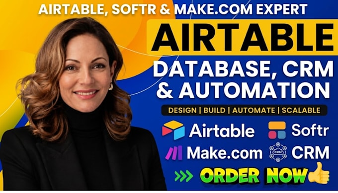 setup airtable database, airtable automation airtable crm, softr webapp, makecom