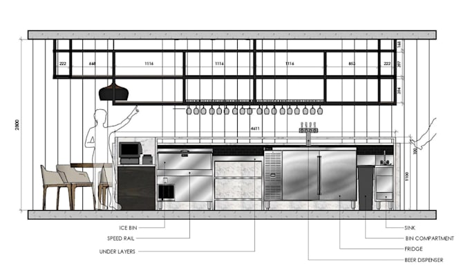 scale 2d commercial floorplan,bar interior layout,as built drawing,blueprint,dwg