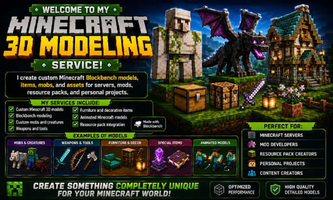 create minecraft blockbench 3d models, custom items and mobs