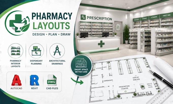 create pharmacy interior layouts, dispensary planning and architectural drawings
