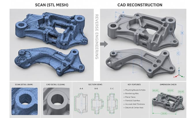 reverse engineer scan stl to editable cad model, 3dscan cleanup, stl to step