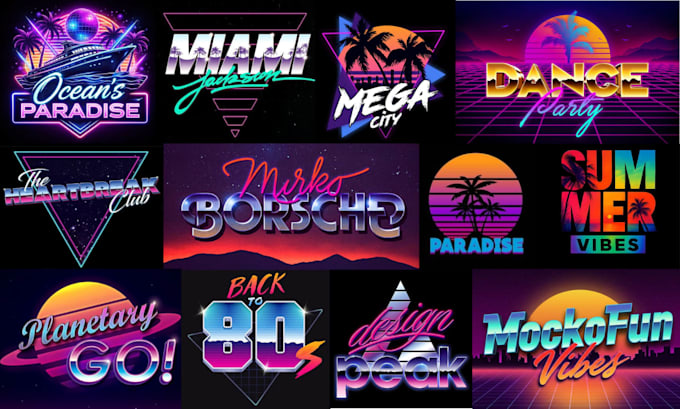 make 80s retro logo designs with neon sign chrome effects