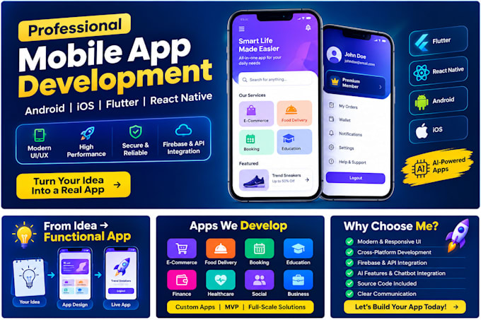 build mobile app development, android ios app using flutter and ai