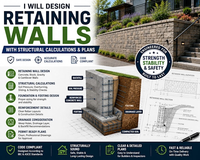 design retaining walls with structural calculations and plans
