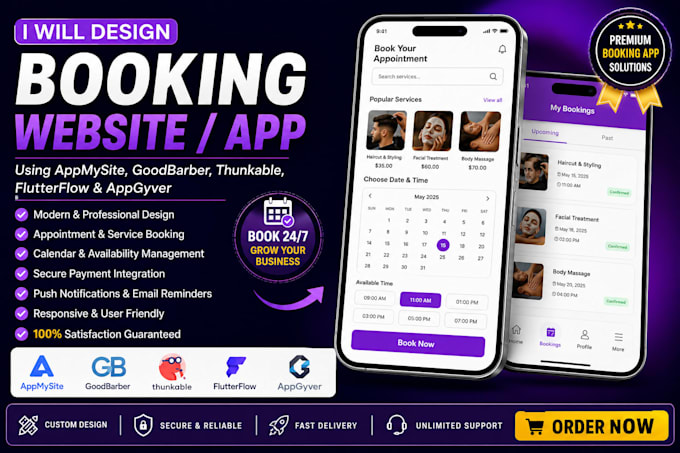design appmysite goodbarber thunkable flutterflow appgyver booking website