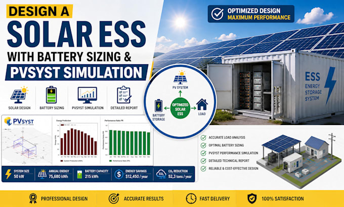 design a solar ess with battery sizing and pvsyst simulation