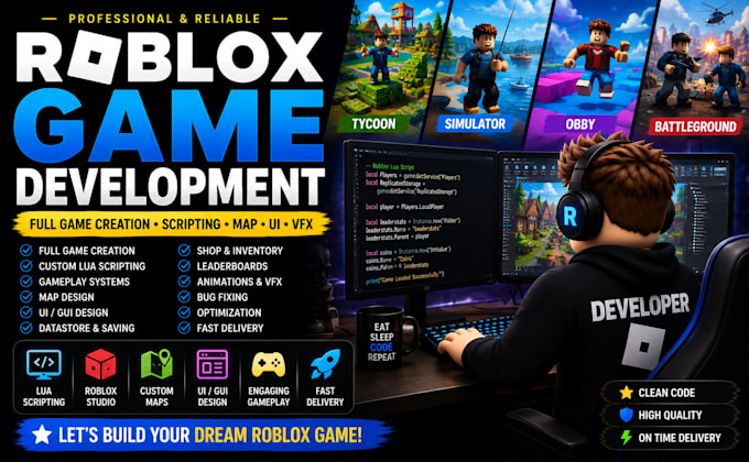 develop roblox game, roblox scripting, systems, map and full game development