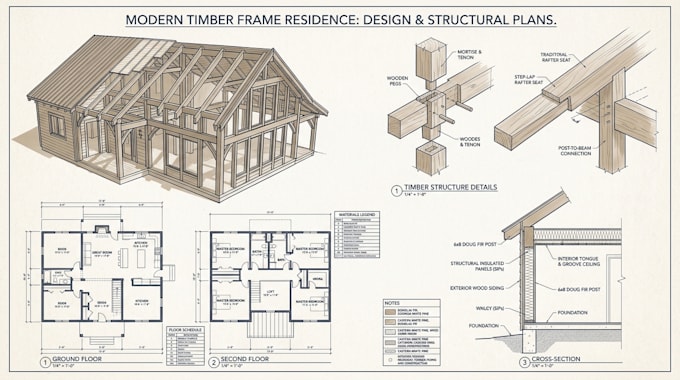design timber frame, wood frame, house plans, timber structures in sketchup