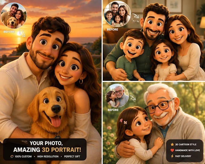create a custom 3d animated cartoon portrait from your photo