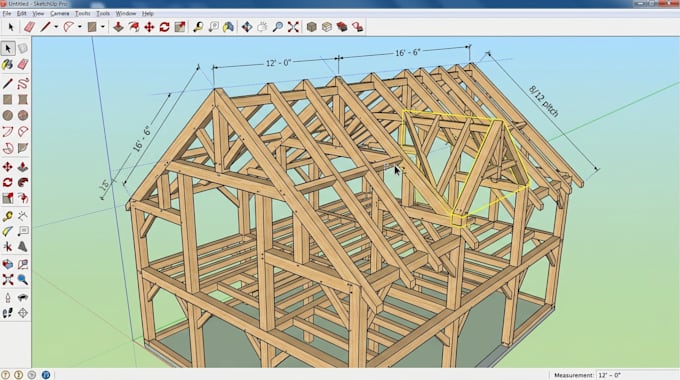 model timber framing, wood structure, roof framing, construction in sketchup
