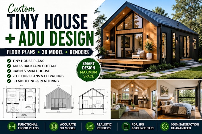 design tiny house and adu floor plans with 3d model and renders