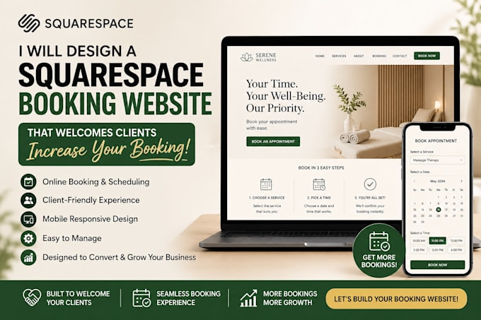 design a squarespace booking website that welcomes clients, and increase booking