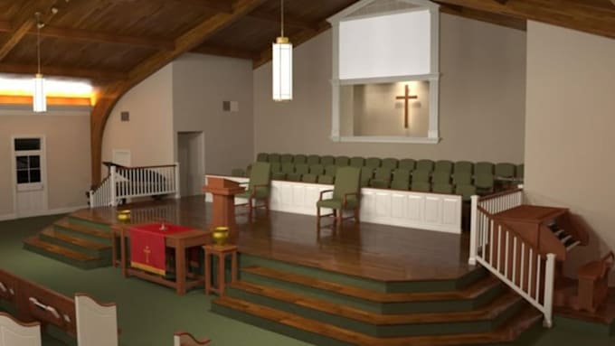 design 3d church interior, sanctuary, rendering and floor plan