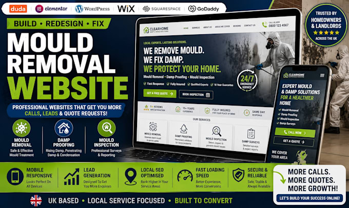 design duda elementor wordpress wix squarespace godaddy mould removal website
