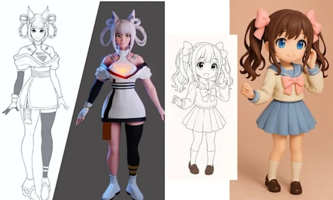 convert 2d drawing, sketch or image to 3d model, 3d character and render