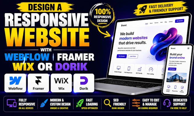 design a responsive webflow, framer, wix, or dorik website