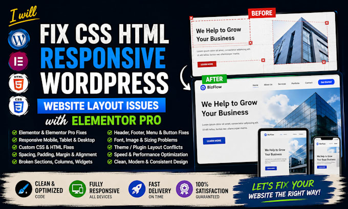 fix css HTML responsive wordpress website layout issues with elementor pro