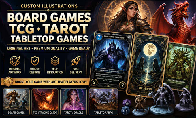 create custom illustrations for board games, tcg, tarot and table top games