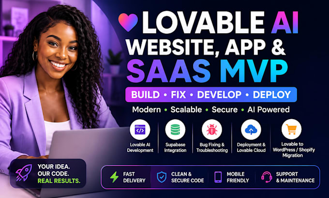 build fix, develop lovable ai website app saas mvp with supabase base44 replit
