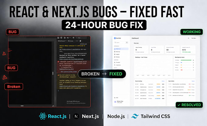 debug and fix react, next js and node js bugs in 24 hours