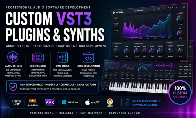 develop custom vst3 plugins, audio effects, synths, juce apps, daw tools