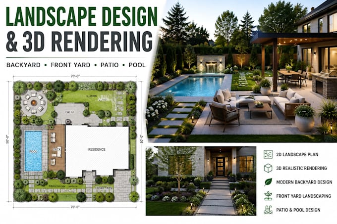 design backyard landscape, front yard garden patio, pool 2d and 3d rendering