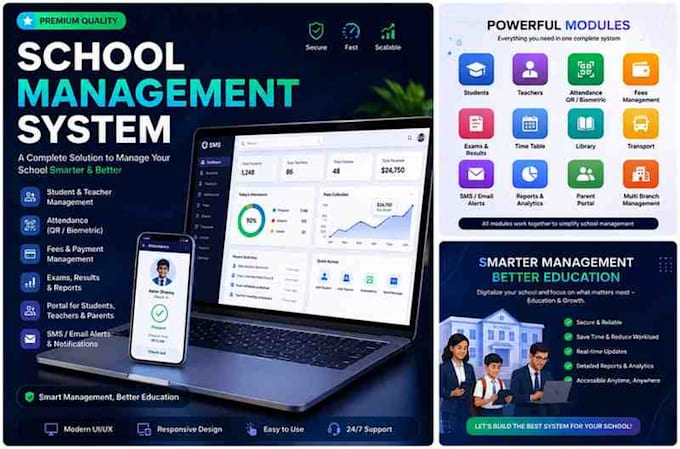 develop a complete school management system, student portal and admin dashboard