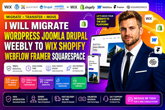 migrate wordpress joomla drupal weebly to wix shopify webflow framer squarespace