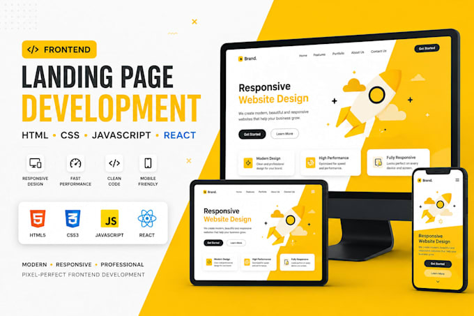 design a responsive landing page using HTML CSS js and react