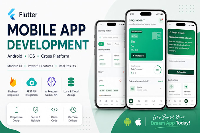 develop a flutter android and ios mobile app with firebase and API integration