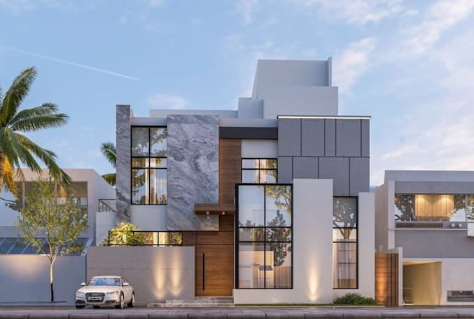 render modern luxury house,3d exterior design, front elevation, villa facade,cgi